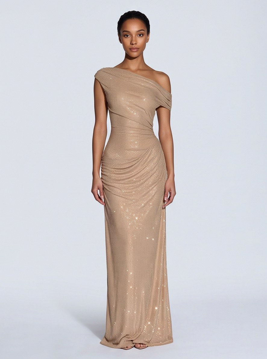 Sequin Off Shoulder Ruched Maxi Dress