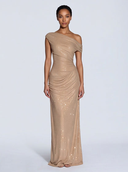 Sequin Off Shoulder Ruched Maxi Dress