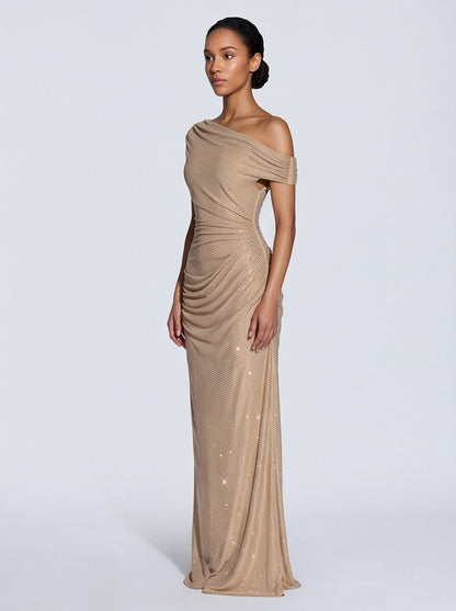 Sequin Off Shoulder Ruched Maxi Dress