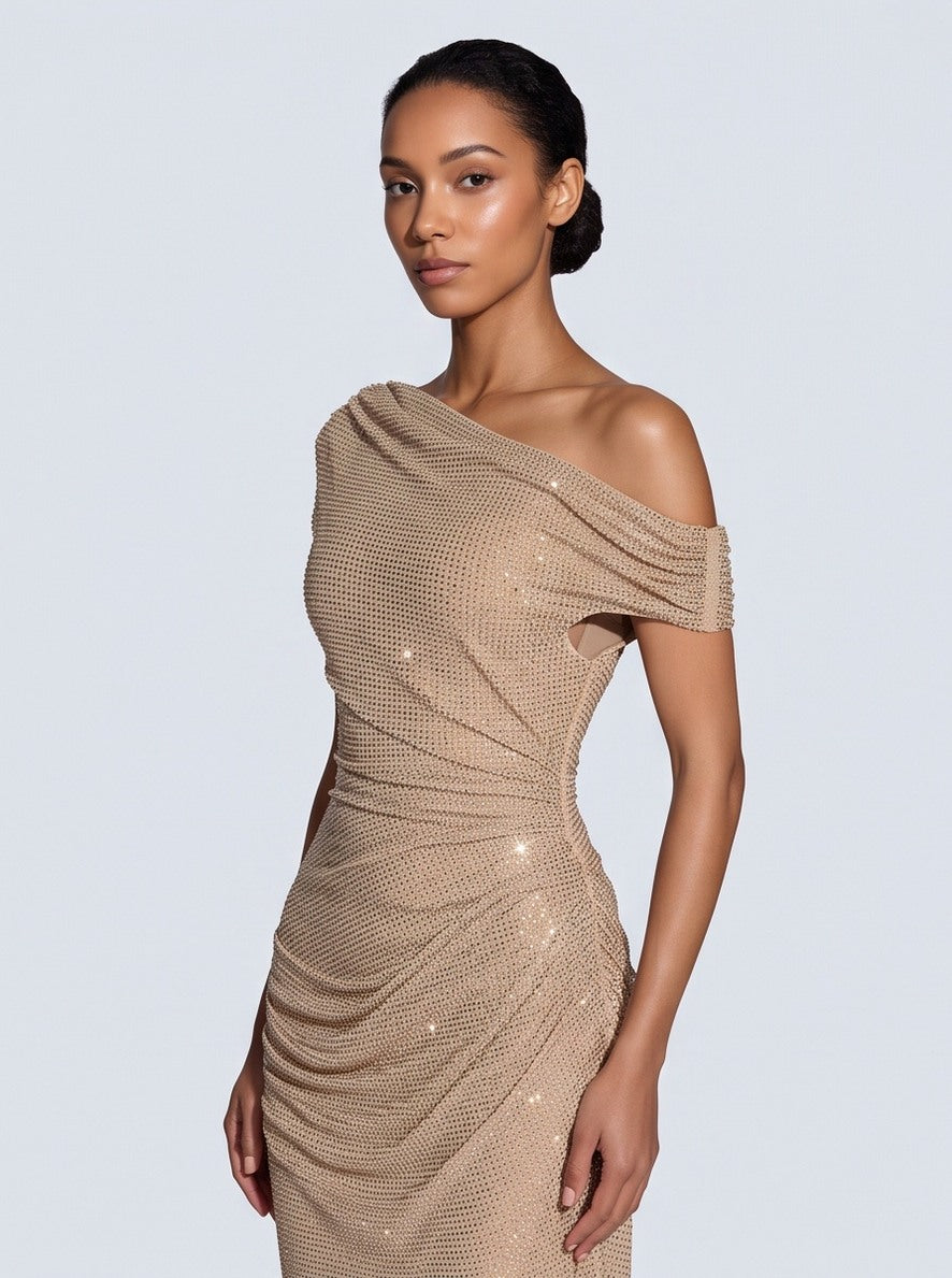 Sequin Off Shoulder Ruched Maxi Dress