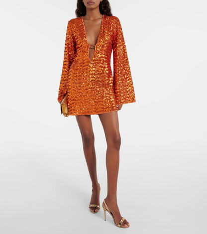Sequin Plunge Long Sleeve Mini Dress