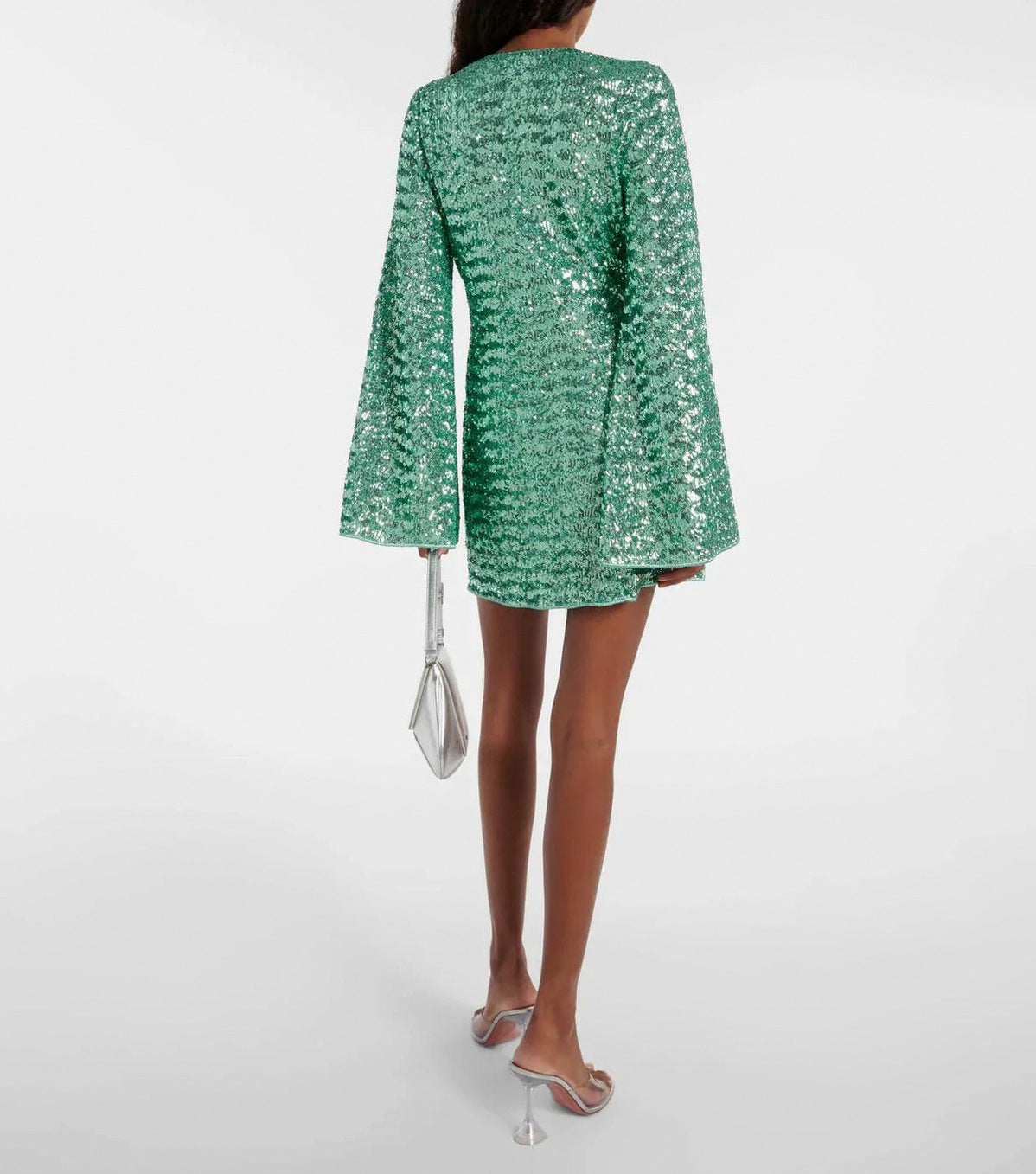 Sequin Plunge Long Sleeve Mini Dress