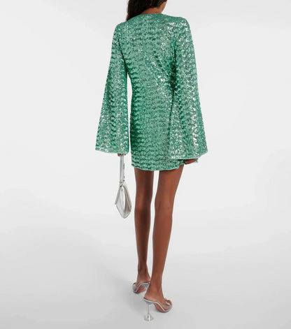 Sequin Plunge Long Sleeve Mini Dress
