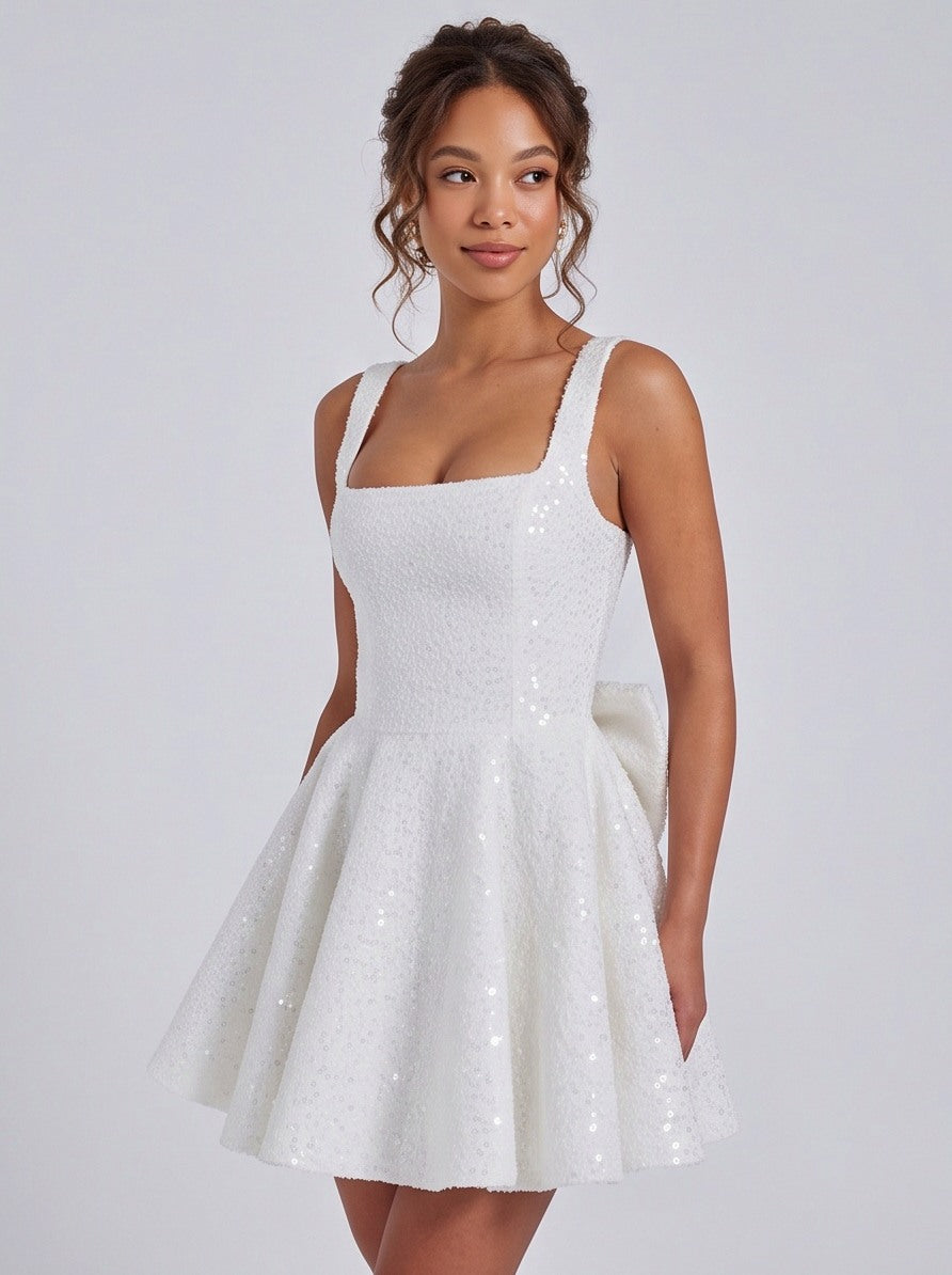 Sequin Square Neck Back Bow Mini Dress