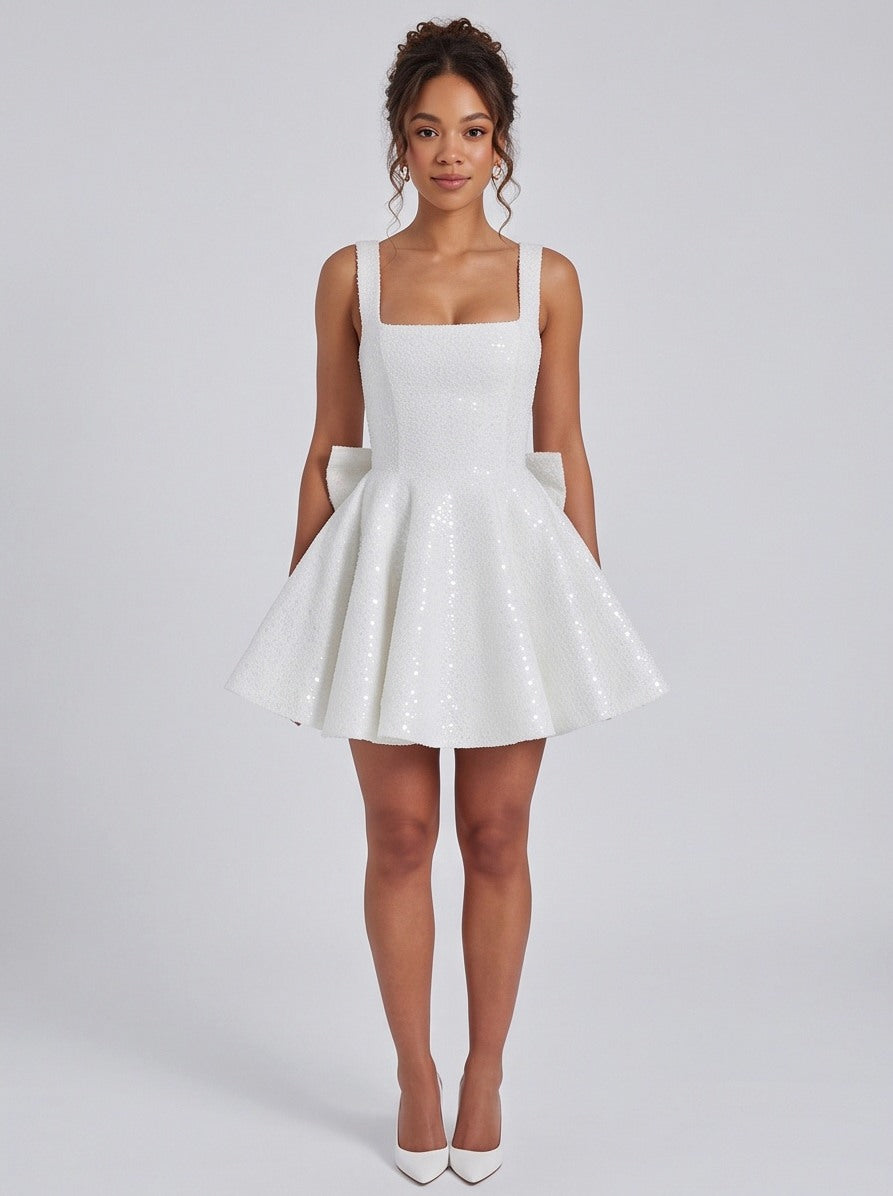 Sequin Square Neck Back Bow Mini Dress