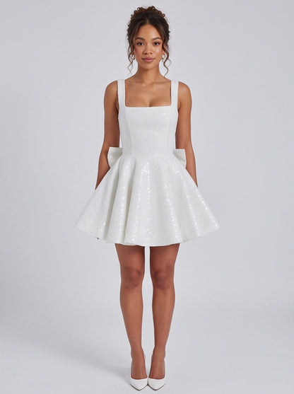 Sequin Square Neck Back Bow Mini Dress