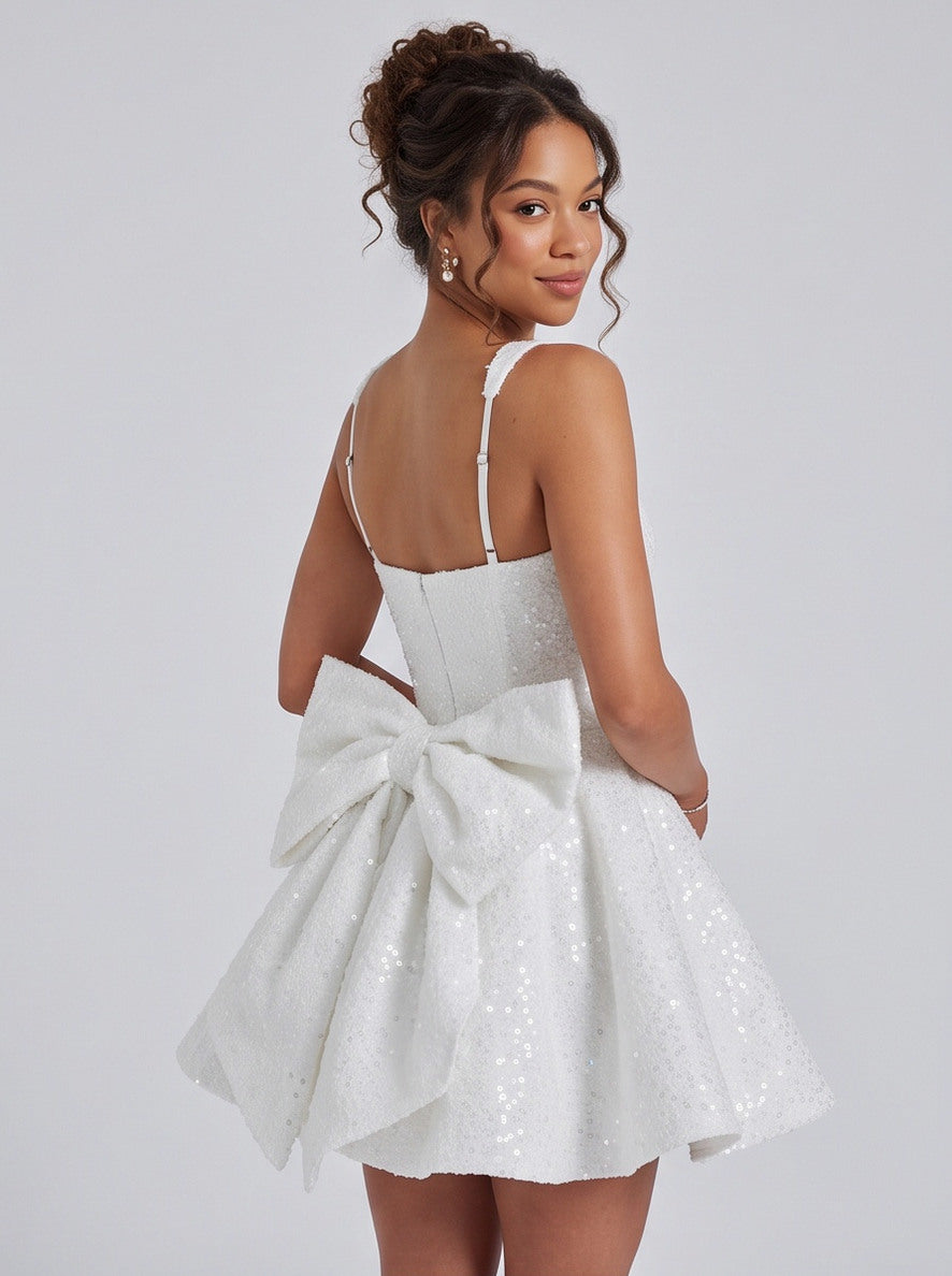 Sequin Square Neck Back Bow Mini Dress