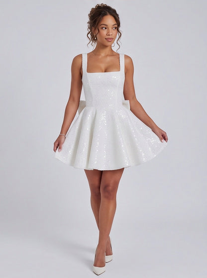 Sequin Square Neck Back Bow Mini Dress