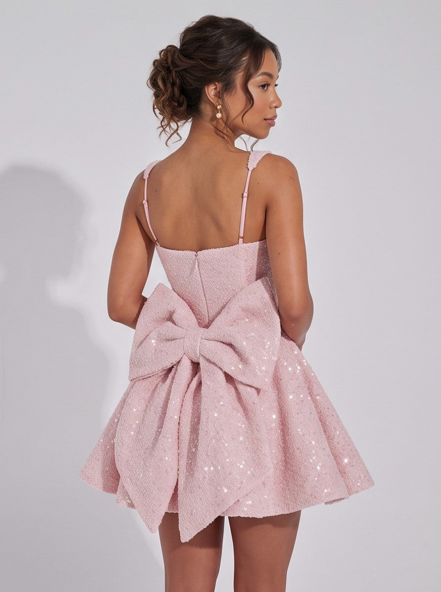 Sequin Square Neck Back Bow Mini Dress