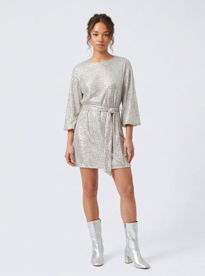 Sequin 3/4 Sleeve Tie Waist Mini Dress