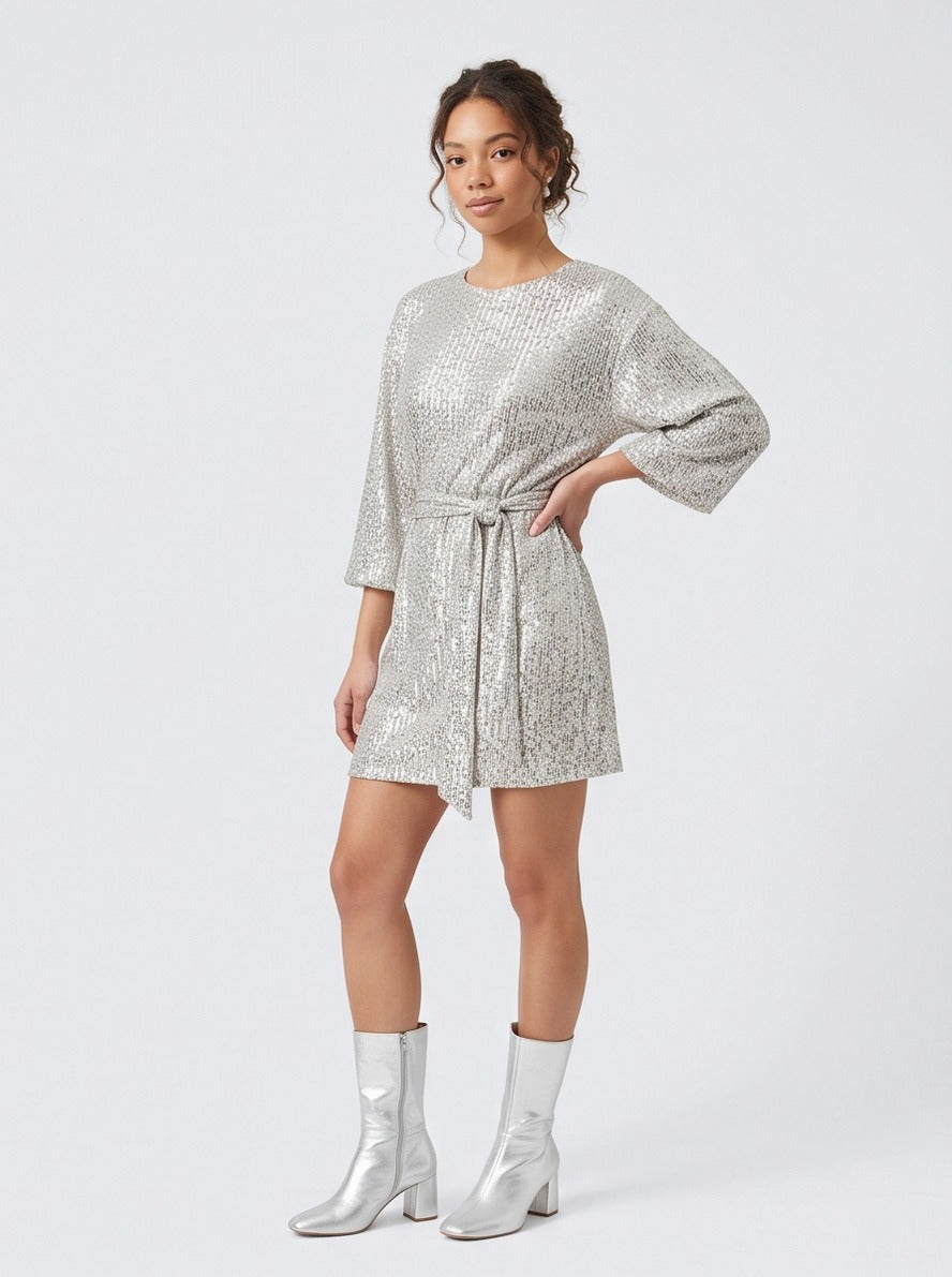 Sequin 3/4 Sleeve Tie Waist Mini Dress
