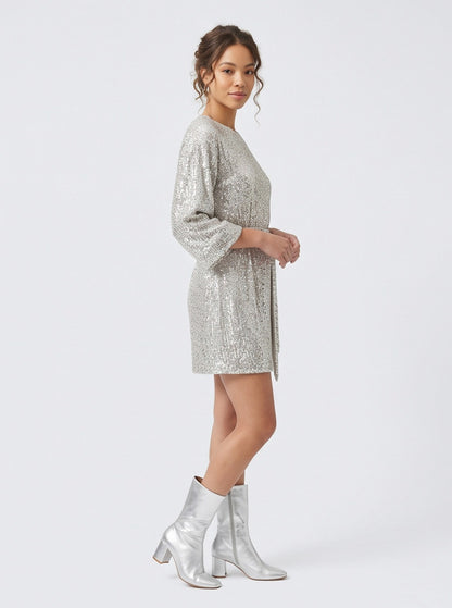 Sequin 3/4 Sleeve Tie Waist Mini Dress