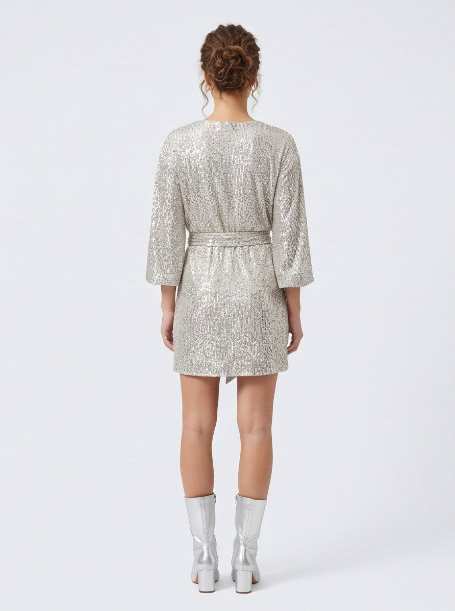 Sequin 3/4 Sleeve Tie Waist Mini Dress