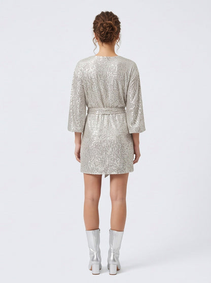 Sequin 3/4 Sleeve Tie Waist Mini Dress