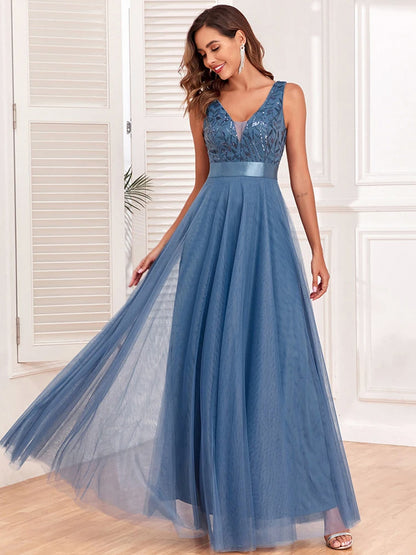 Sequin Tulle V-Neck Maxi Dress