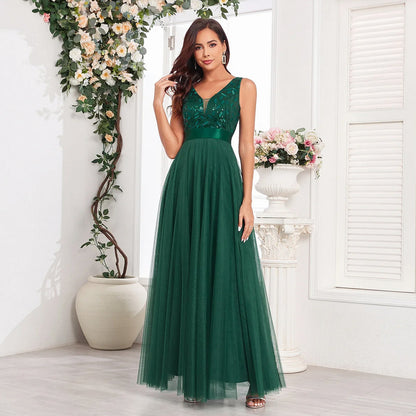 Sequin Tulle V-Neck Maxi Dress