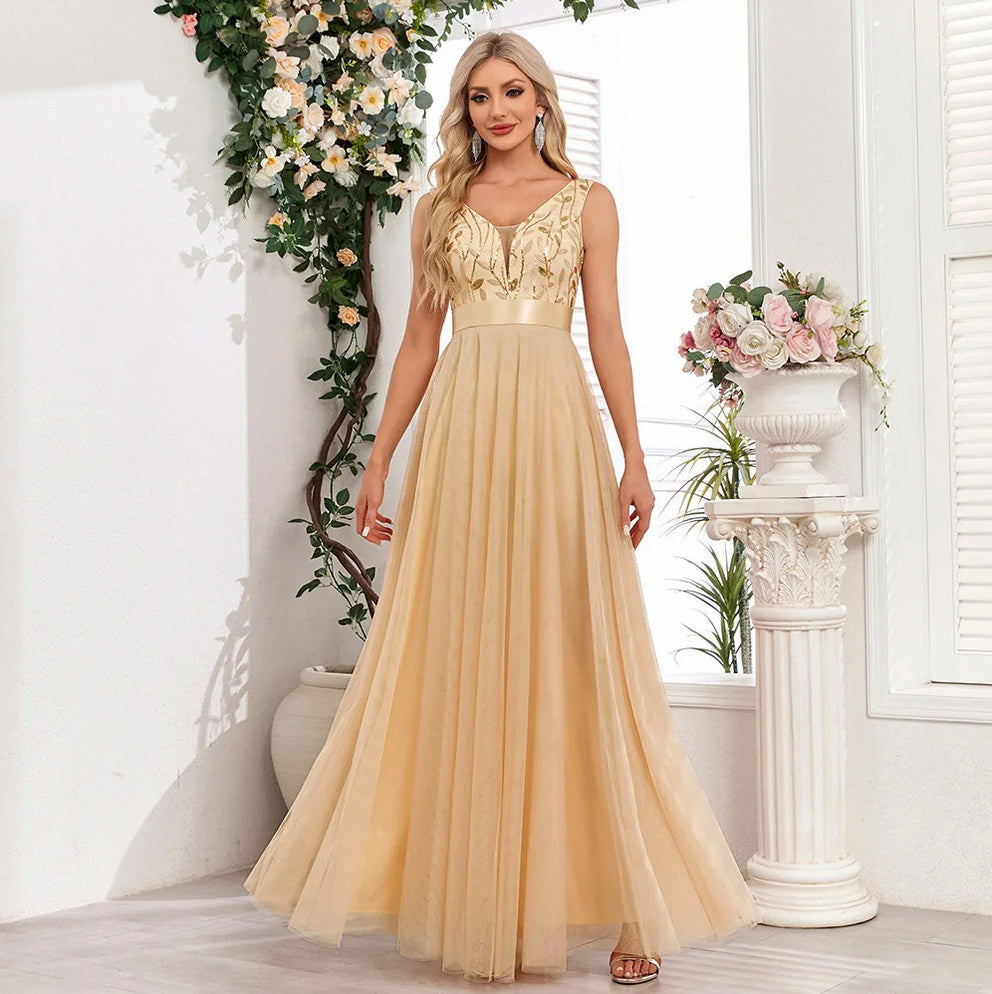 Sequin Tulle V-Neck Maxi Dress