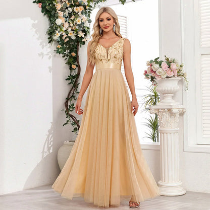 Sequin Tulle V-Neck Maxi Dress