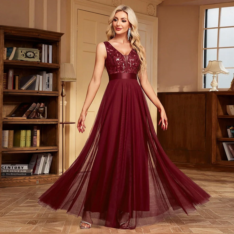 Sequin Tulle V-Neck Maxi Dress