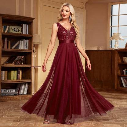Sequin Tulle V-Neck Maxi Dress