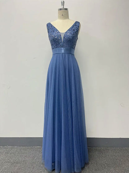 Sequin Tulle V-Neck Maxi Dress