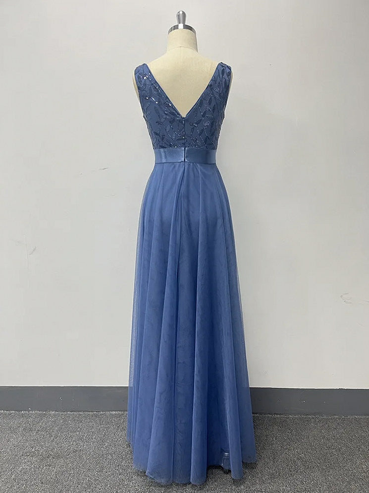 Sequin Tulle V-Neck Maxi Dress