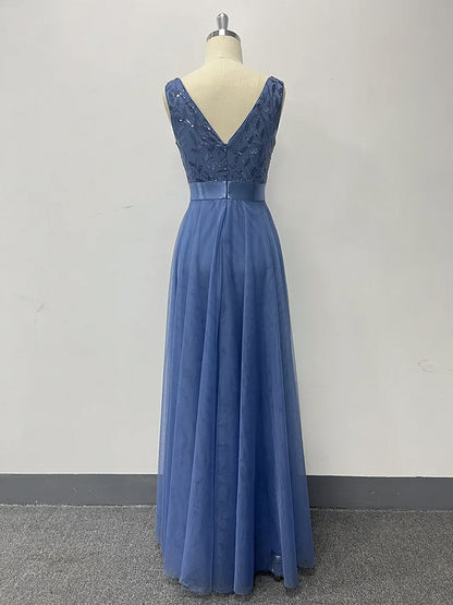 Sequin Tulle V-Neck Maxi Dress