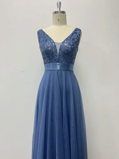 Sequin Tulle V-Neck Maxi Dress