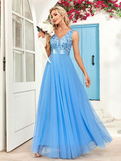 Sequin Tulle V-Neck Maxi Dress