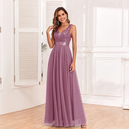 Sequin Tulle V-Neck Maxi Dress