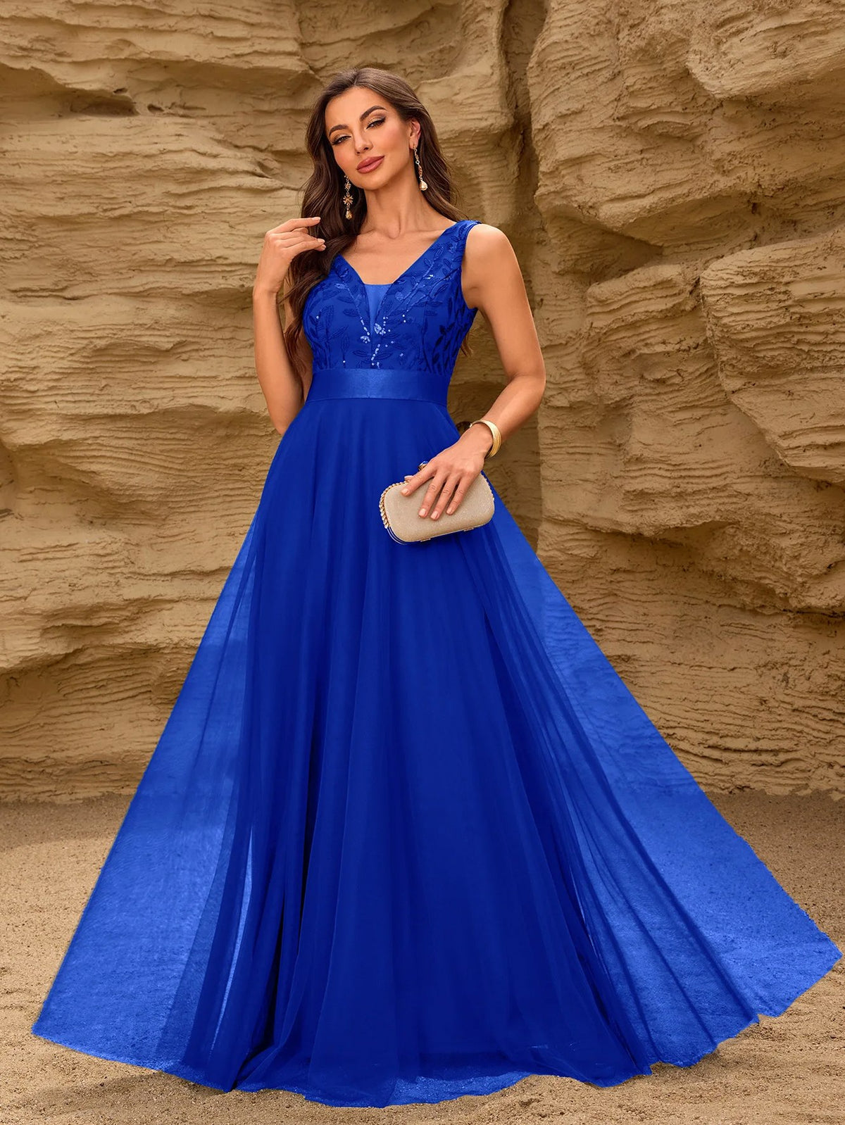 Sequin Tulle V-Neck Maxi Dress