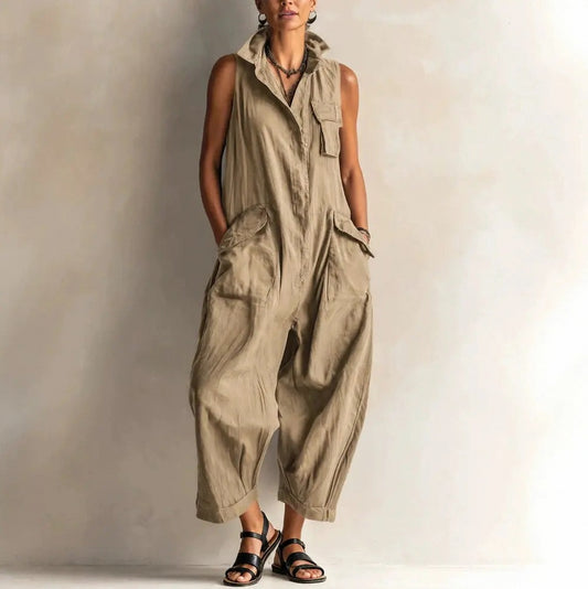 Sleeveless Button Front Cargo Jumpsuit