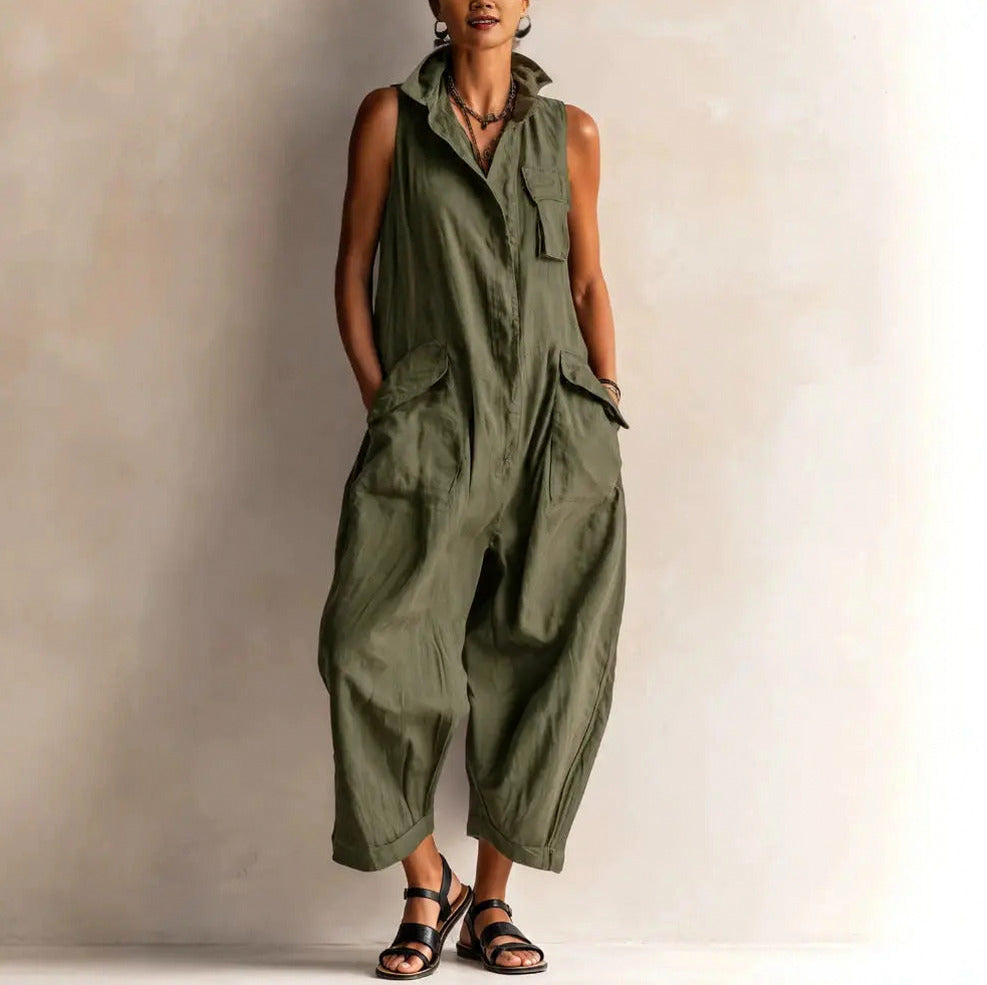 Sleeveless Button Front Cargo Jumpsuit