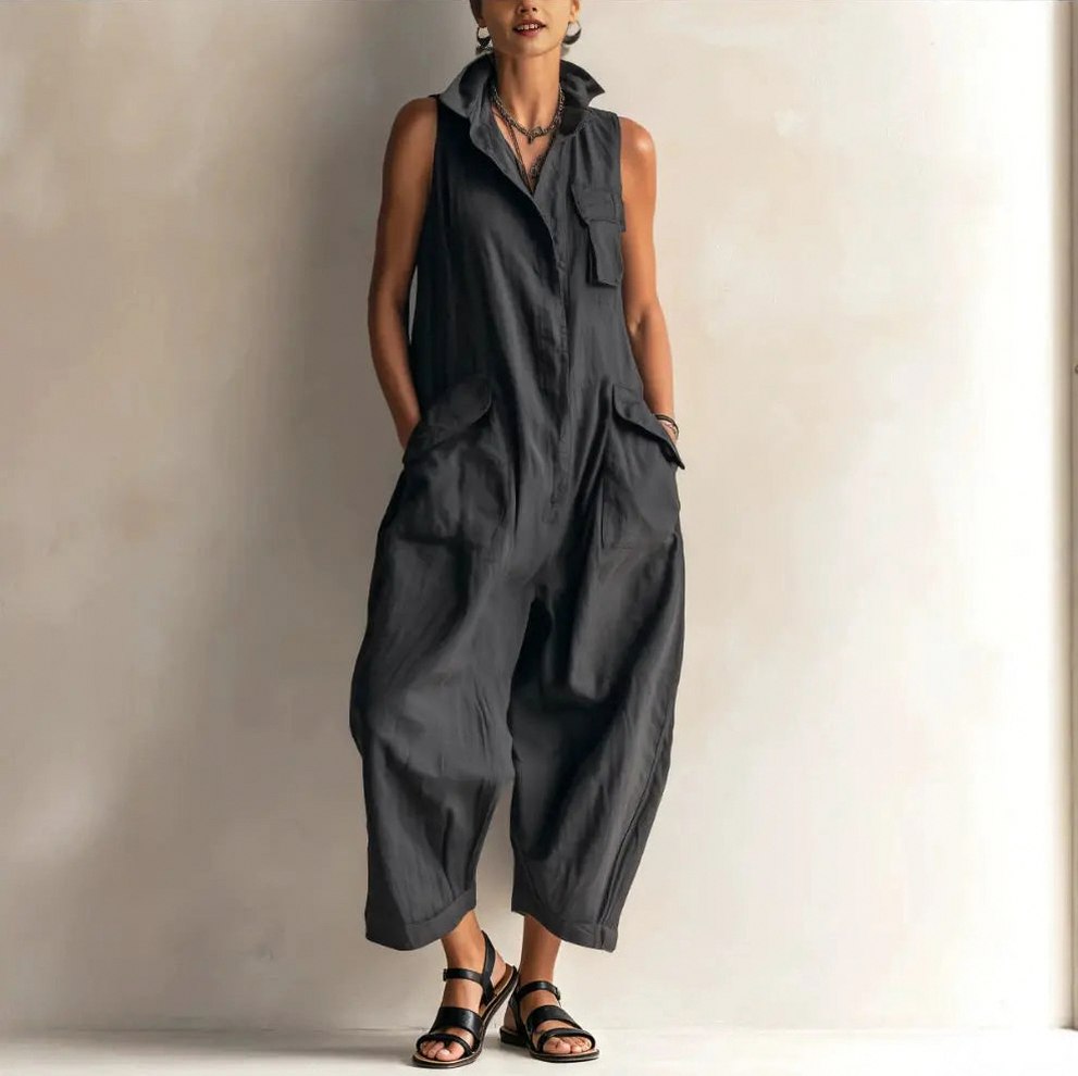 Sleeveless Button Front Cargo Jumpsuit