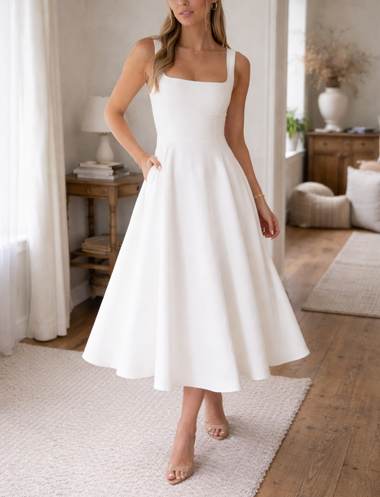 White - A woman wearing a structured white textured crepe midi dress with a square neckline, wide straps, a fitted bodice, and a voluminous A-line skirt with side pockets.
