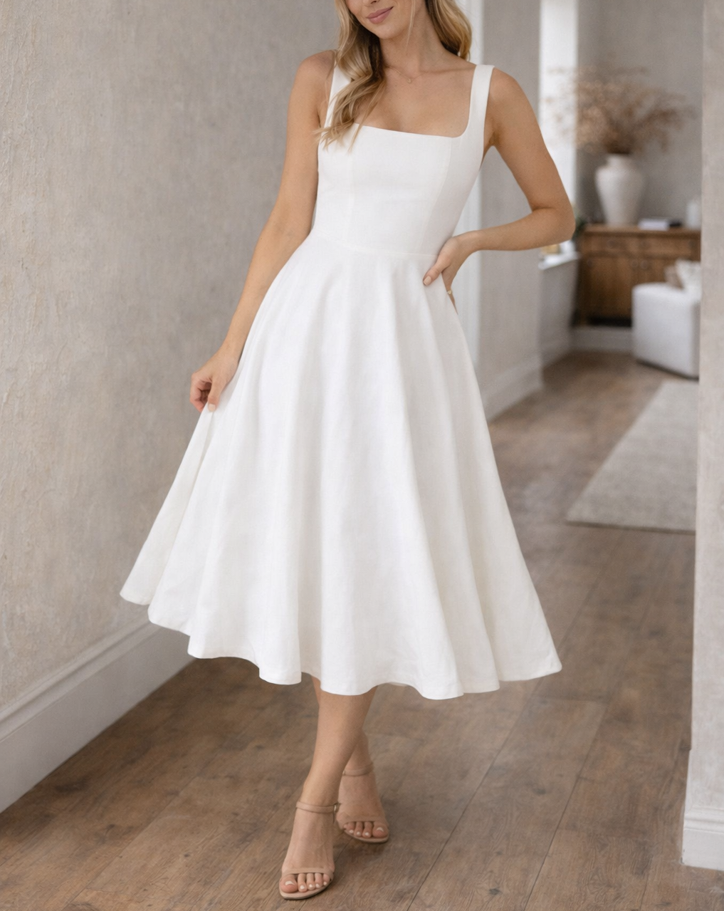 Textured Crepe Square Neck Pocket A-Line Midi Dress – Merisell Textured Crepe Square Neck Pocket A-Line Midi Dress – Merisell