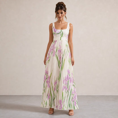 Square Neck Pleated Maxi Dress