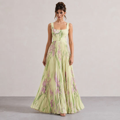 Square Neck Pleated Maxi Dress