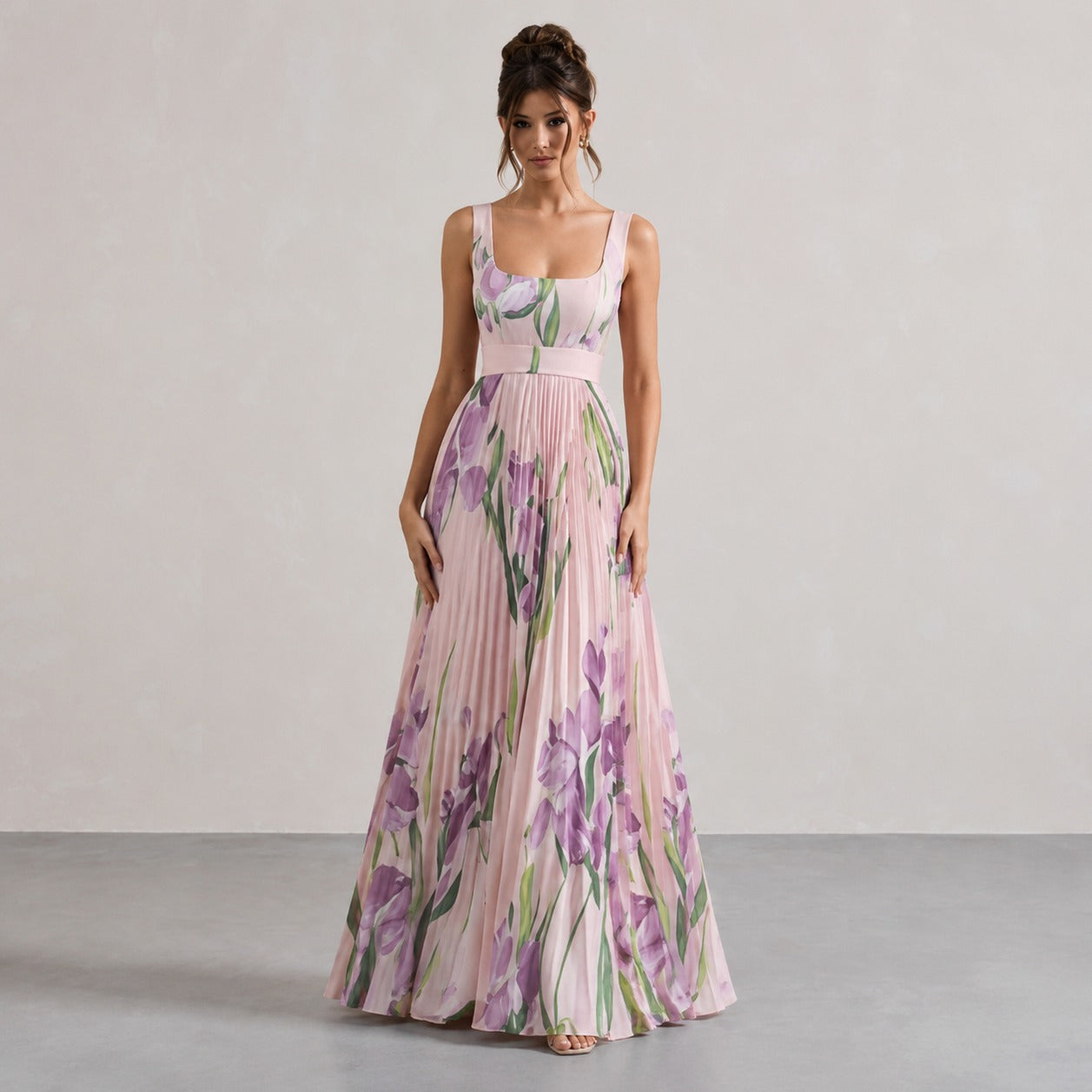 Square Neck Pleated Maxi Dress