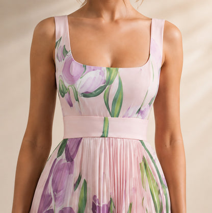Square Neck Pleated Maxi Dress