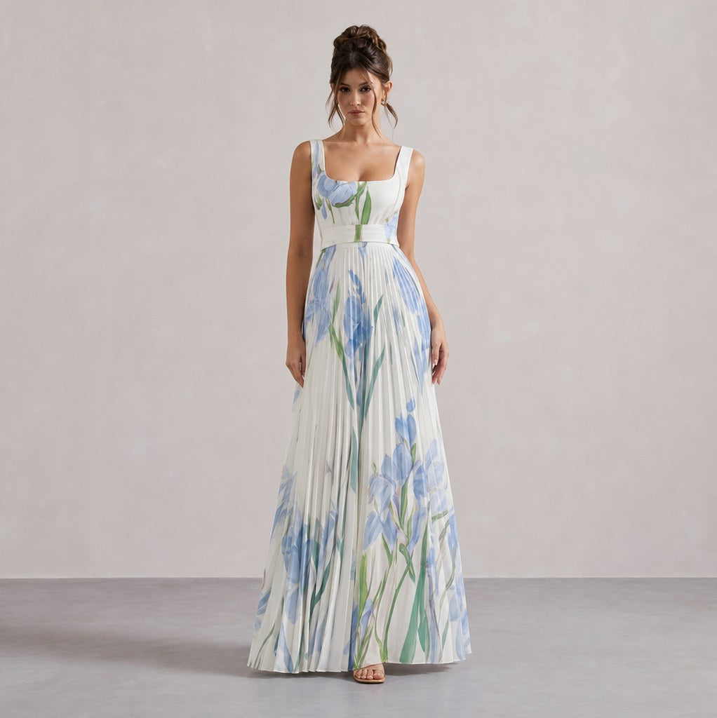 Square Neck Pleated Maxi Dress