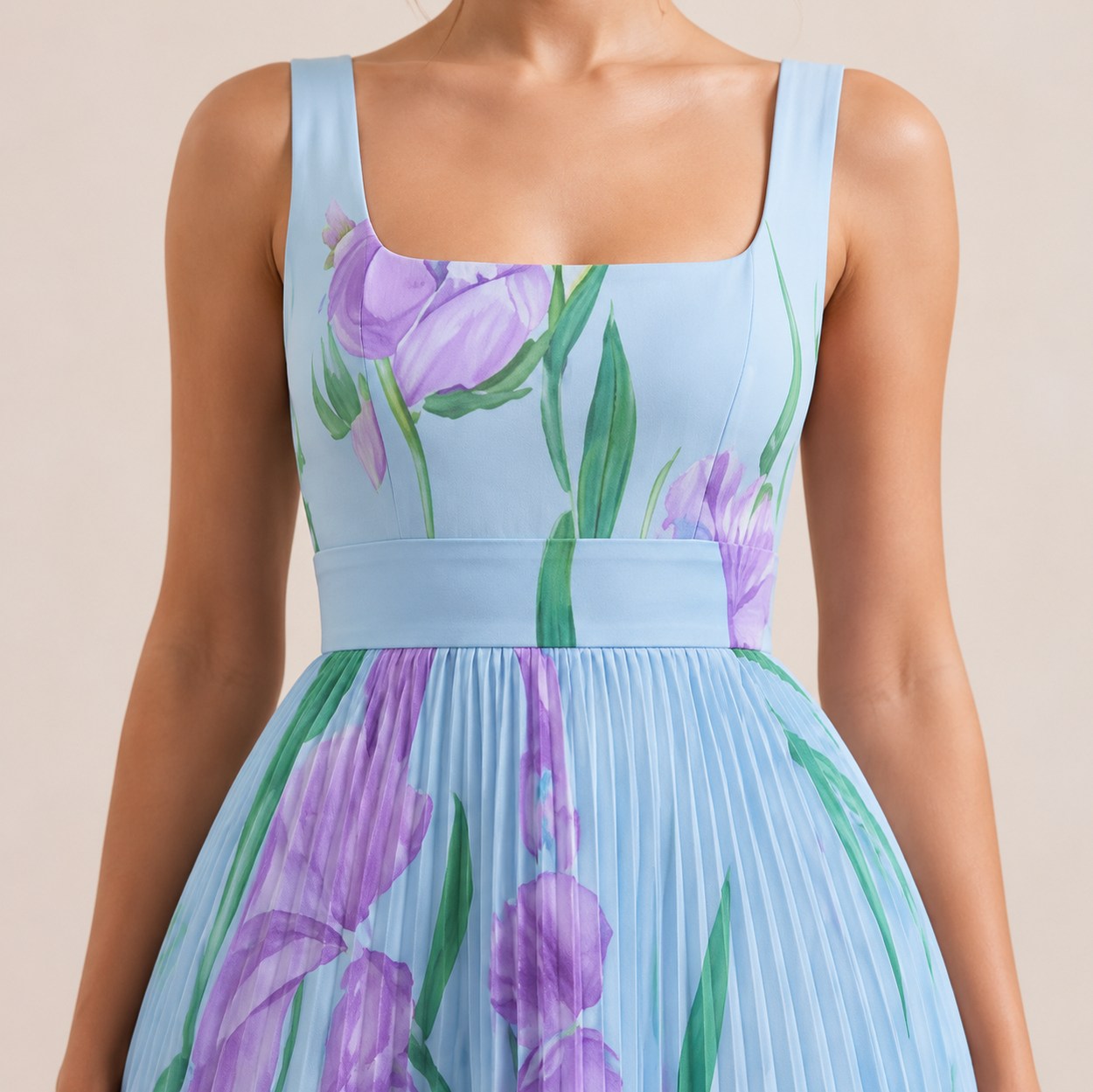 Square Neck Pleated Maxi Dress