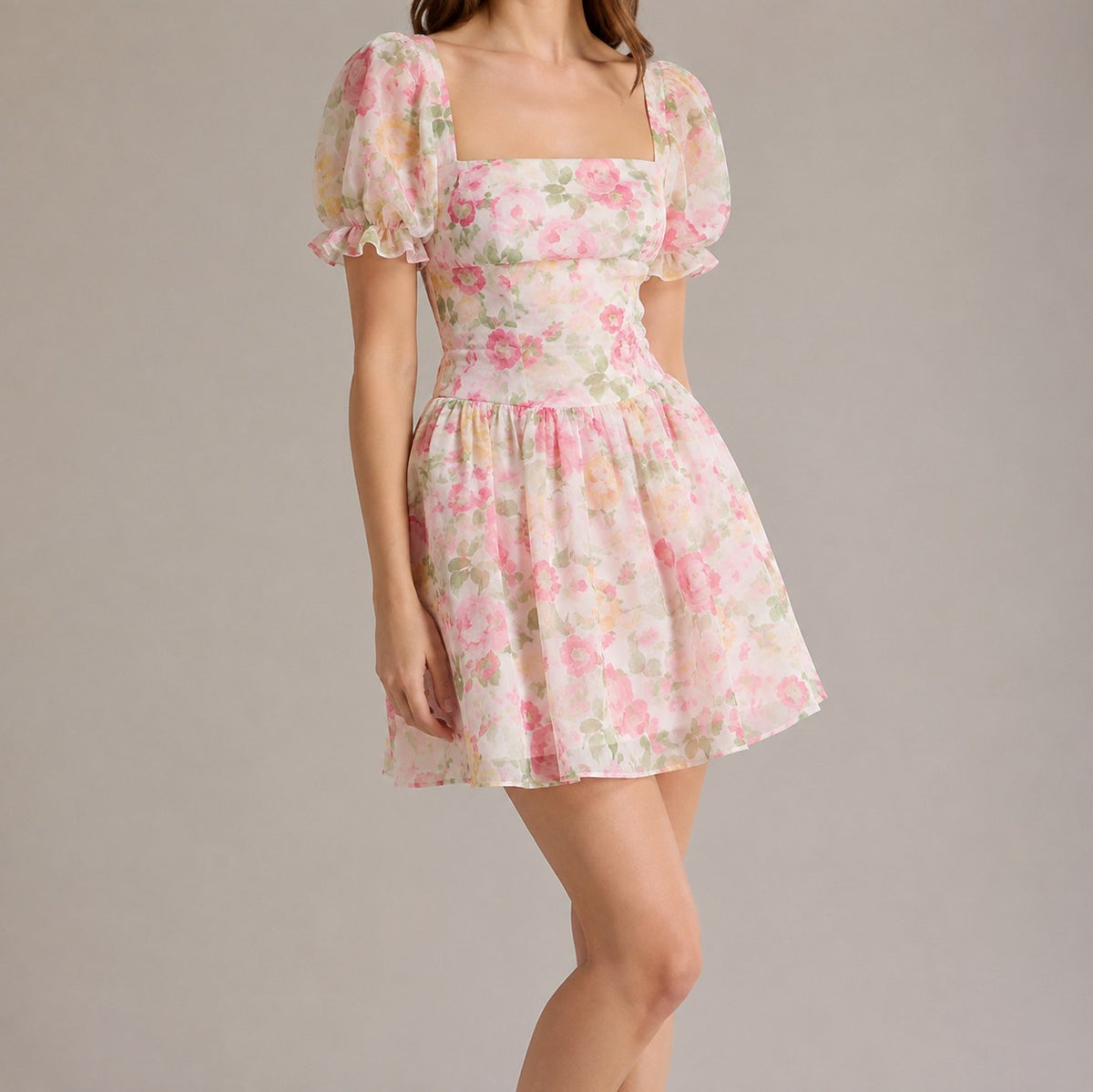 Square Neck Puff Sleeve Babydoll Mini Dress