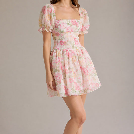 Square Neck Puff Sleeve Babydoll Mini Dress