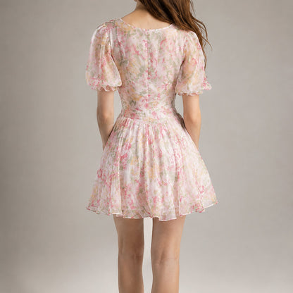 Square Neck Puff Sleeve Babydoll Mini Dress