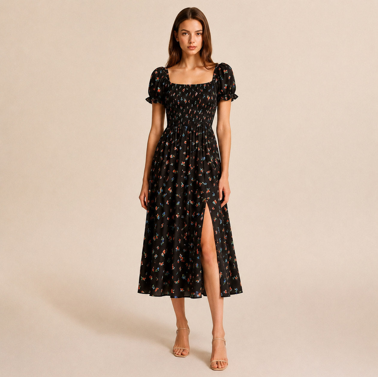 Square Neck Smocked Midi Dress