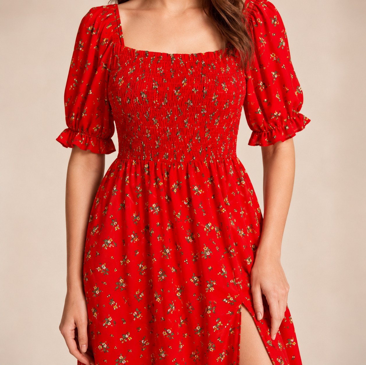 Square Neck Smocked Midi Dress