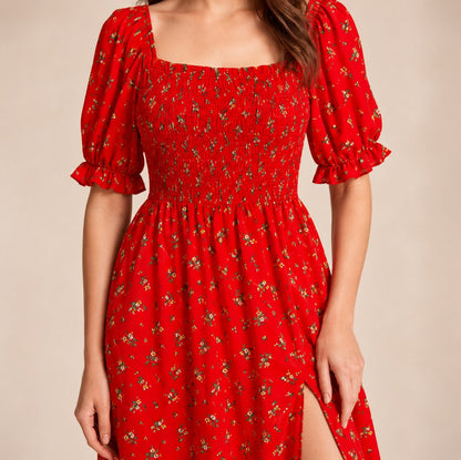 Square Neck Smocked Midi Dress