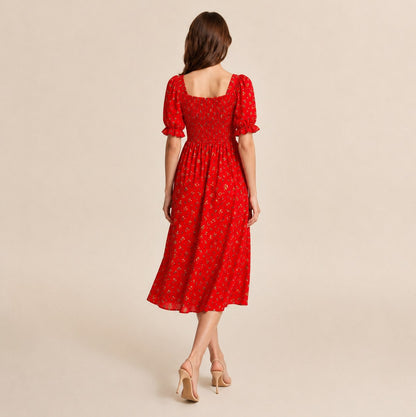 Square Neck Smocked Midi Dress