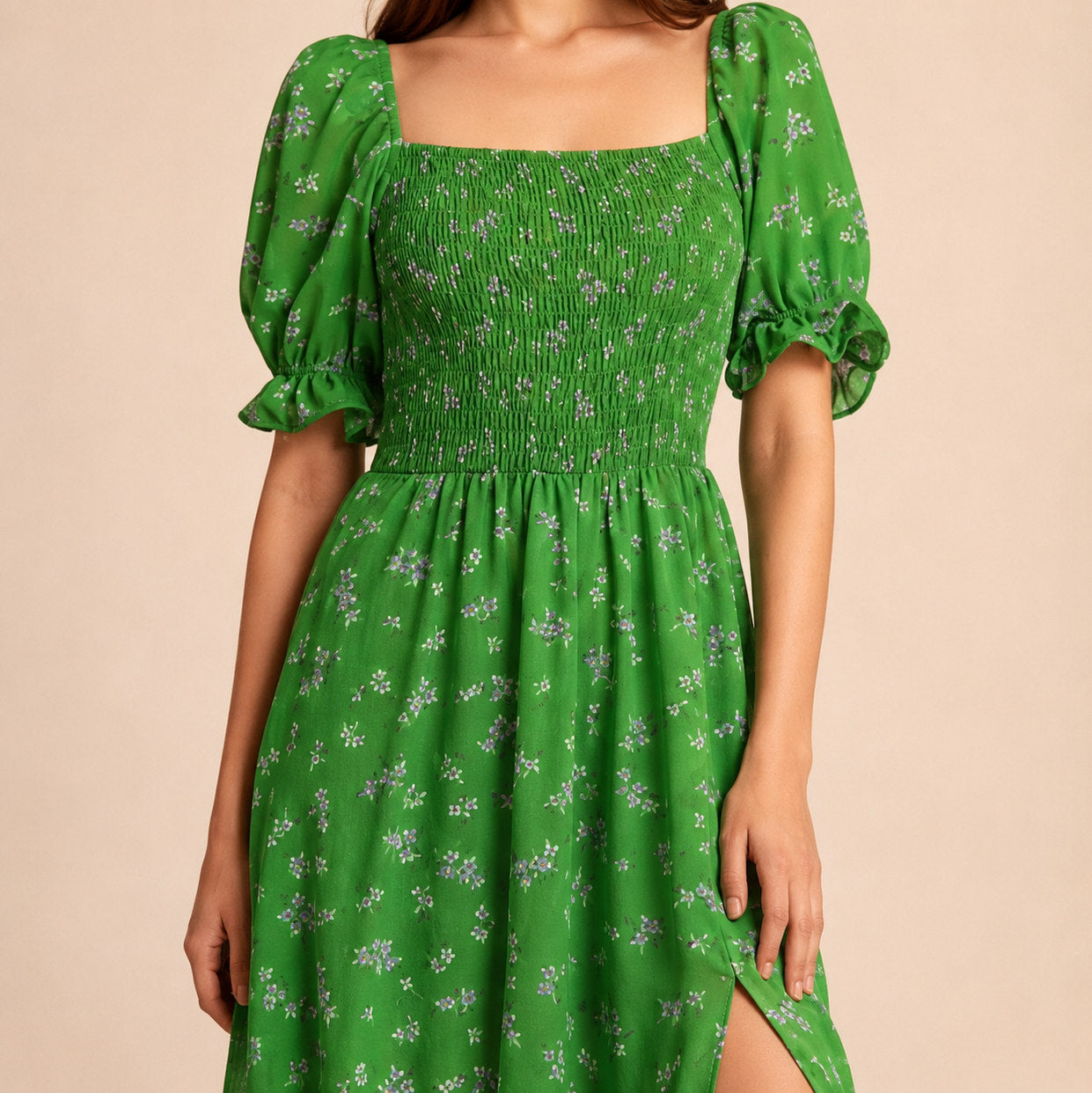Square Neck Smocked Midi Dress